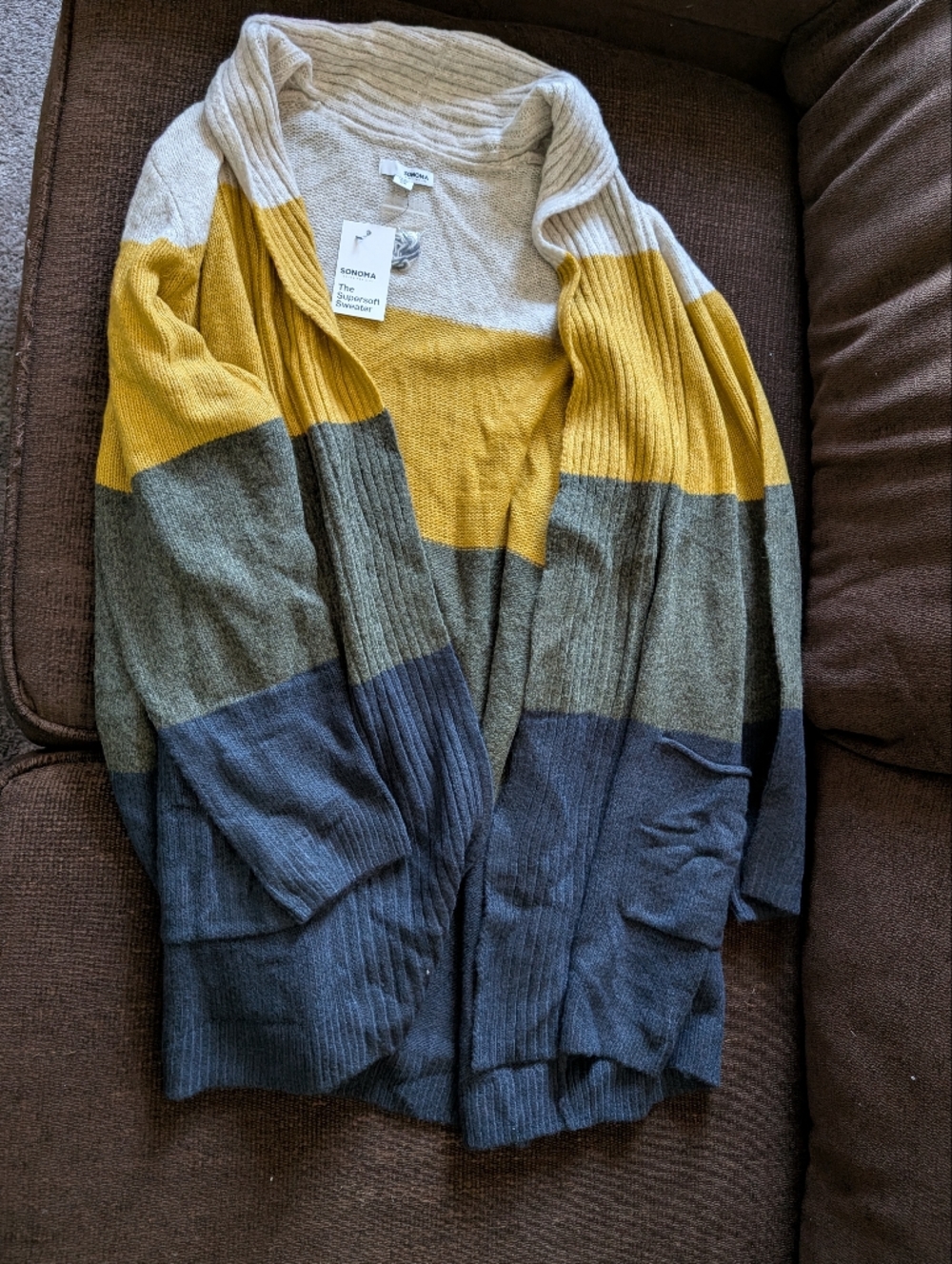 Sonoma Striped Open Cardigan in Mustard, Cream, Gray